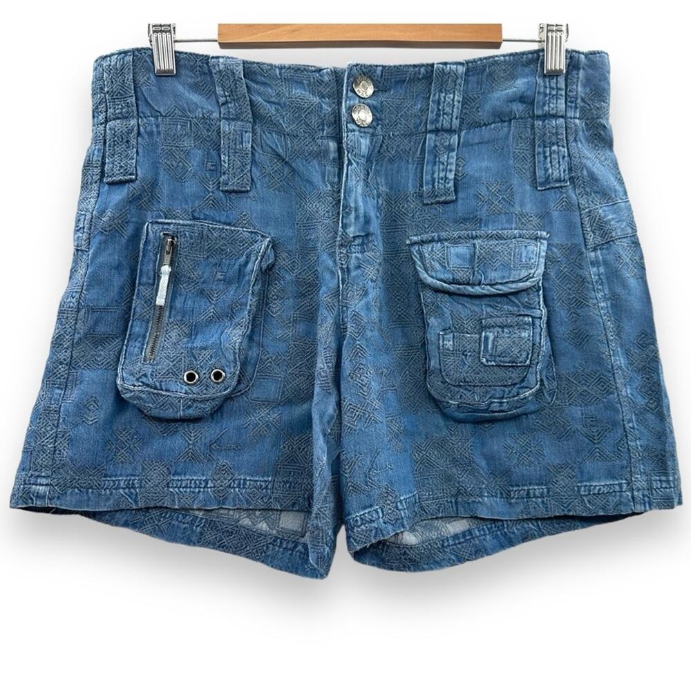 Johnny Was Zuma Embroidered Cargo Denim High Rise Lyocell‎ Shorts Size 2